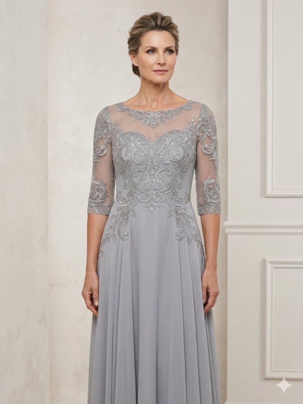 JJ’s House Silver Beaded Chiffon Formal MOB Dress Medium